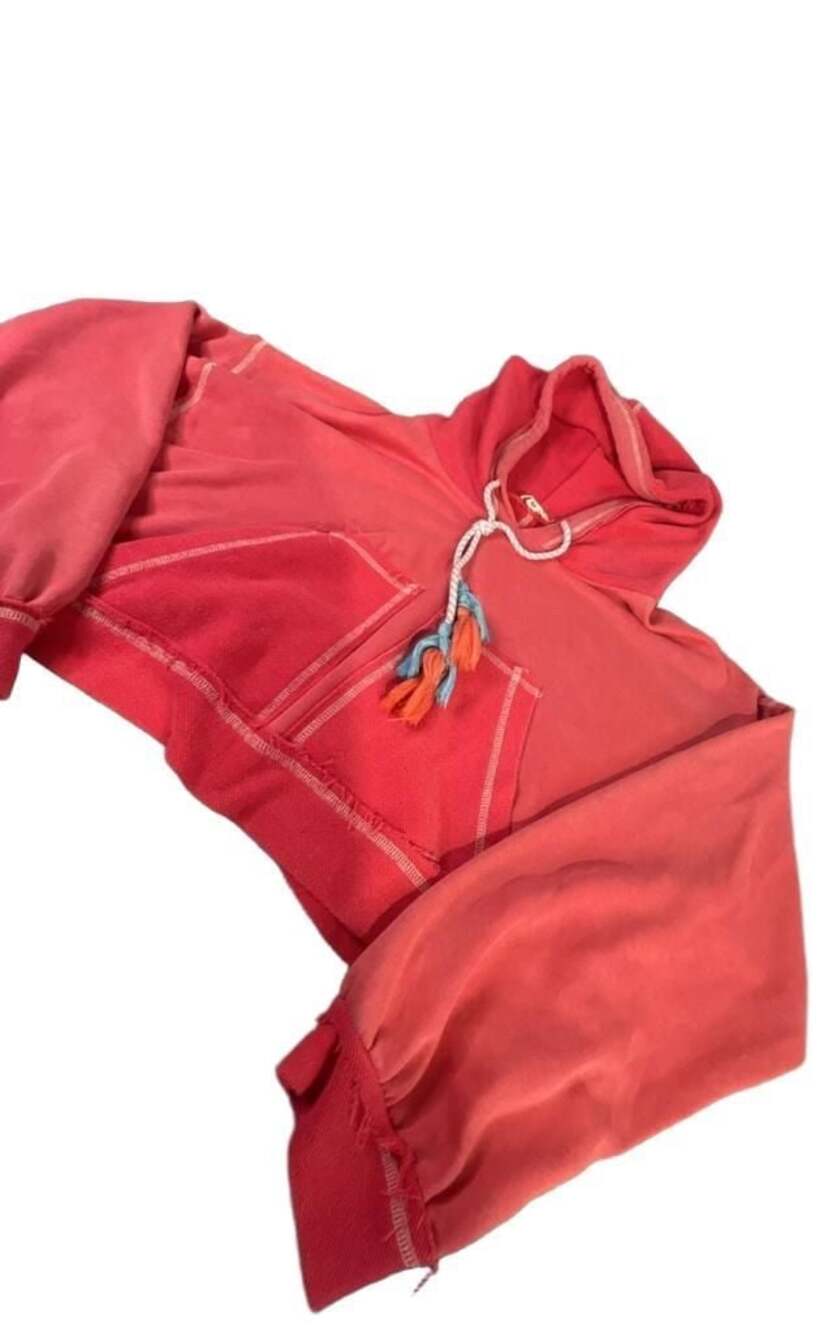 POL Clothing Red Cropped Raw Hem Hoodie with Tassel Drawstring